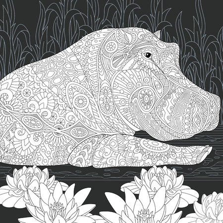 Hippo. Hippopotamus drawn in line art style. Lotus flowers (water lily). Coloring book. Coloring page.のイラスト素材