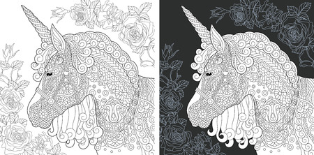 Unicorn. Coloring Page. Coloring Book. Colouring picture with fantasy horse drawn in style. Antistress freehand sketch drawing. Vector illustration.のイラスト素材