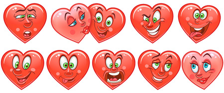 Heart collection. Emoticons. Smiley. Emoji. Love symbol. Cartoon design element for Valentines Day greeting card, kids coloring book page, t-shirt print, icon,  label, patch, sticker.のイラスト素材
