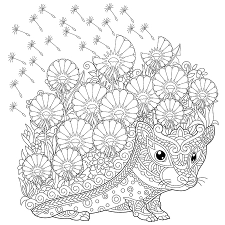 coloring page. Colouring picture with Hedgehog and spring flowers. Freehand sketch drawing for adult coloring book.のイラスト素材