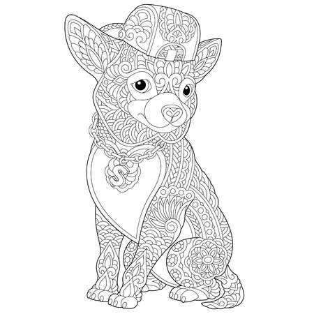 Coloring page. Coloring book. Anti stress colouring picture with chihuahua dog. Freehand sketch drawing with doodle and elements.のイラスト素材
