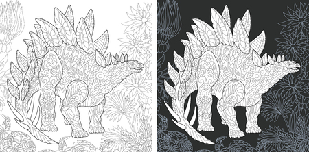 Coloring Page. Coloring Book. Dinosaur collection. Colouring picture with Stegosaurus drawn in style. Antistress freehand sketch drawing. Vector illustration.のイラスト素材