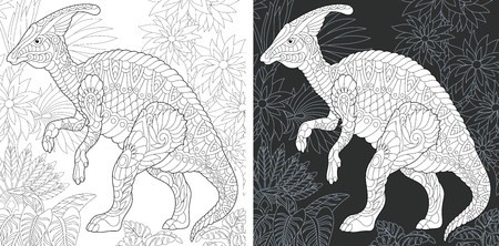 Coloring Page. Coloring Book. Dinosaur collection. Colouring picture with Hadrosaur drawn in style. Antistress freehand sketch drawing. Vector illustration.のイラスト素材