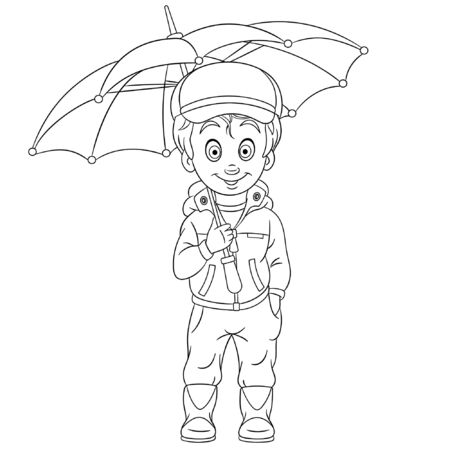Colouring page. Cute cartoon boy with umbrella, hello rainy autumn concept. Childish design for kids coloring book about people lifestyle.のイラスト素材