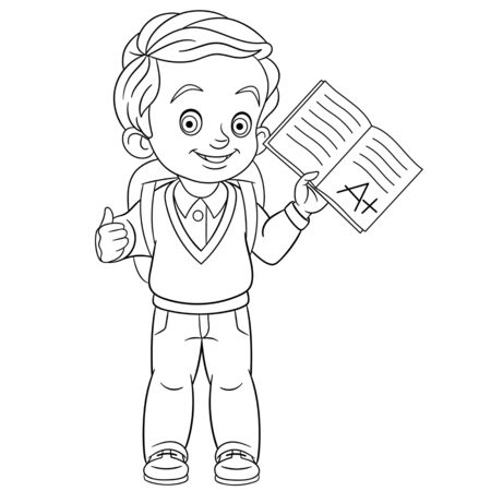 Coloring page. Coloring picture of cartoon boy showing he passed the exam with evaluation A plus. Childish design for kids activity colouring book about school.