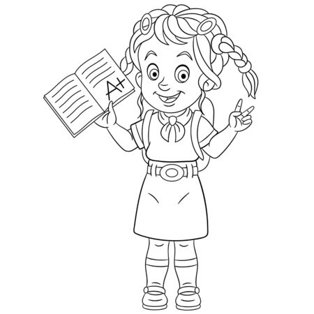 Coloring page. Coloring picture of cartoon girl showing she passed the exam with evaluation A plus. Childish design for kids activity colouring book about school.