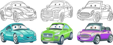 Cartoon cars. Coloring pages for kids. Colorful clipart characters. Childish designs for t shirt print, icon, label, patch or sticker. Vector illustration.のイラスト素材