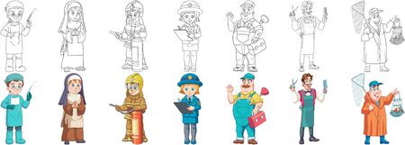 Coloring pages. Workers. Cartoon clipart set for kids activity coloring book, t shirt print, icon, logo, label, patch or sticker. Vector illustration.のイラスト素材