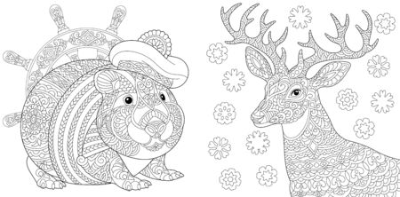 Coloring pages. Cute seaman hamster and Christmas reindeer. Line art design for adult colouring book with doodle and elements. Vector illustration.のイラスト素材