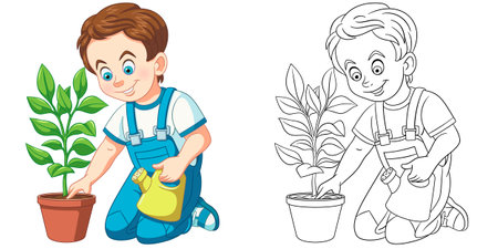 Coloring page with boy taking care of plant. Line art drawing for kids activity coloring book. Colorful clip art. Vector illustration.のイラスト素材