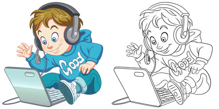 Coloring page with boy with laptop. Line art drawing for kids activity coloring book. Colorful clip art. Vector illustration.のイラスト素材