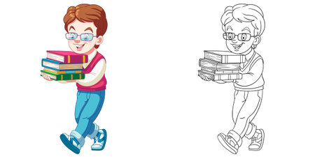 Coloring page with boy with books. Line art drawing for kids activity coloring book. Colorful clip art. Vector illustration.のイラスト素材