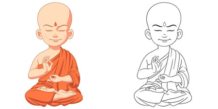 Coloring page with buddha boy. Line art drawing for kids activity coloring book. Colorful clip art. Vector illustration.のイラスト素材