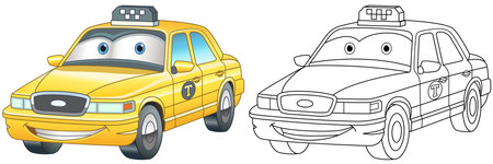 Coloring page with taxi car. Line art drawing for kids activity coloring book. Colorful clip art. Vector illustration.のイラスト素材