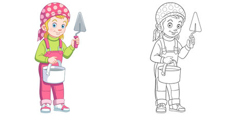 Coloring page with girl builder. Line art drawing for kids activity coloring book. Colorful clip art. Vector illustration.のイラスト素材