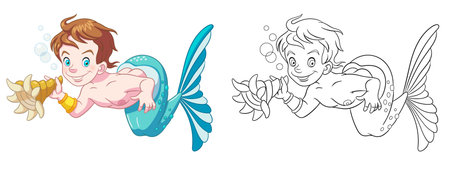 Coloring page with mermaid boy. Line art drawing for kids activity coloring book. Colorful clip art. Vector illustration.のイラスト素材