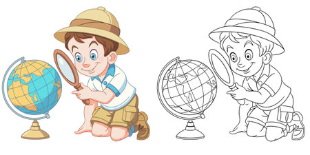 Coloring page with boy studying earth globe. Line art drawing for kids activity coloring book. Colorful clip art. Vector illustration.のイラスト素材