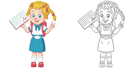 Coloring page with schoolgirl. Line art drawing for kids activity coloring book. Colorful clip art. Vector illustration.のイラスト素材