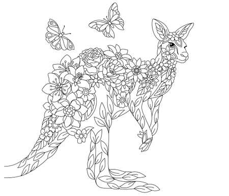 Floral adult coloring book page. Fairytale kangaroo. Ethereal animal consisting of flowers, leaves and butterflies.のイラスト素材