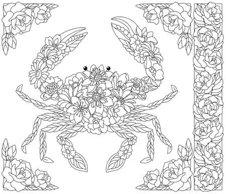 Adult coloring book page. Floral crab. Ethereal animal consisting of flowers and leavesのイラスト素材