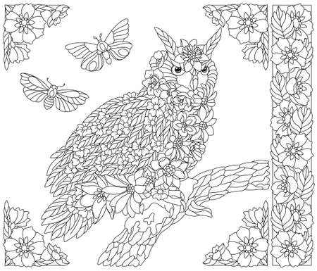 Adult coloring book page. Floral owl bird. Ethereal animal consisting of flowers, leaves and butterfliesのイラスト素材