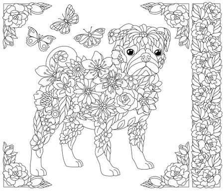 Adult coloring book page. Floral pug dog. Ethereal animal consisting of flowers, leaves and butterfliesのイラスト素材