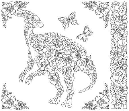 Adult coloring book page. Floral hadrosaurus dinosaur. Ethereal animal consisting of flowers, leaves and butterfliesのイラスト素材