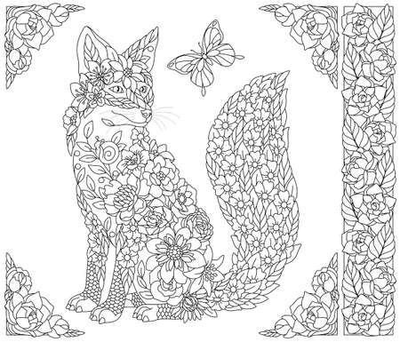 Adult coloring book page. floral fox. Ethereal animal consisting of flowers, leaves and butterfliesのイラスト素材
