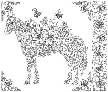Adult coloring book page. Floral horse. Ethereal animal consisting of flowers, leaves and honey beesのイラスト素材
