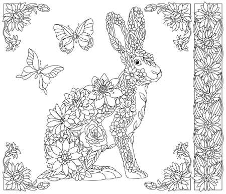 Adult coloring book page. Floral hare or rabbit. Ethereal animal consisting of flowers, leaves and butterfliesのイラスト素材