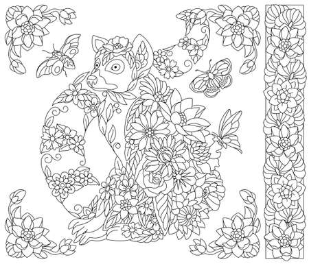 Adult coloring book page. Floral lemur. Ethereal animal consisting of flowers, leaves and butterfliesのイラスト素材