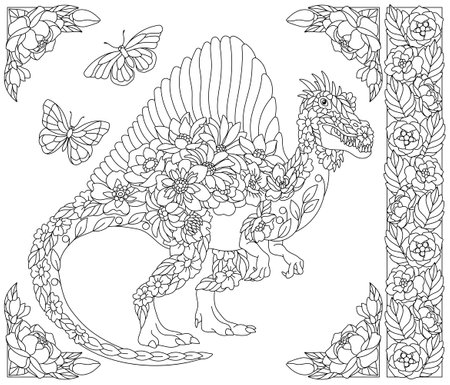 Adult coloring book page. Floral spinosaurus dinosaur. Ethereal animal consisting of flowers, leaves and butterfliesのイラスト素材
