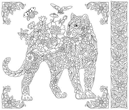 Adult coloring book page. Floral panther. Ethereal animal consisting of flowers, leaves and ladybugsのイラスト素材