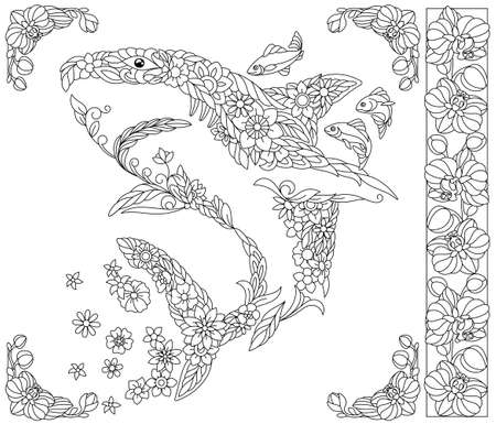 Adult coloring book page. Floral shark. Ethereal animal consisting of flowers, leaves and fishesのイラスト素材