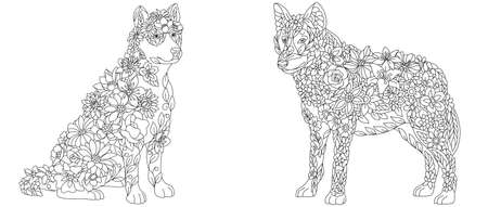 Coloring pages set with fantasy floral animals. Husky dog and wolf with flowersのイラスト素材
