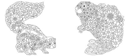 Coloring pages set with fantasy floral animals. Skunk and beaver with flowersのイラスト素材