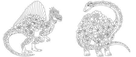Coloring pages set with fantasy floral dinosaurs. Spinosaurus and diplodocus with flowersのイラスト素材