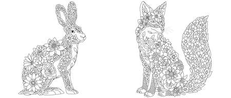 Coloring pages set with fantasy floral animals. rabbit and fox with flowersのイラスト素材