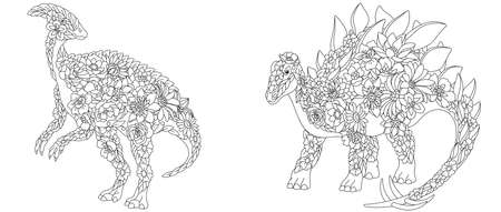Coloring pages set with fantasy floral dinosaurs. Hadrosaurus and stegosaurus with flowersのイラスト素材
