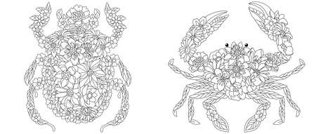 Coloring pages set with fantasy floral animals. Scarab beetle and crab with flowersのイラスト素材