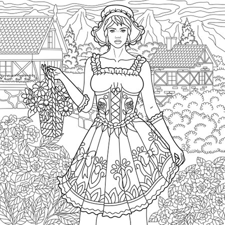 Bavarian woman with floral basket, countryside landscape. Adult coloring book page in mandala styleのイラスト素材
