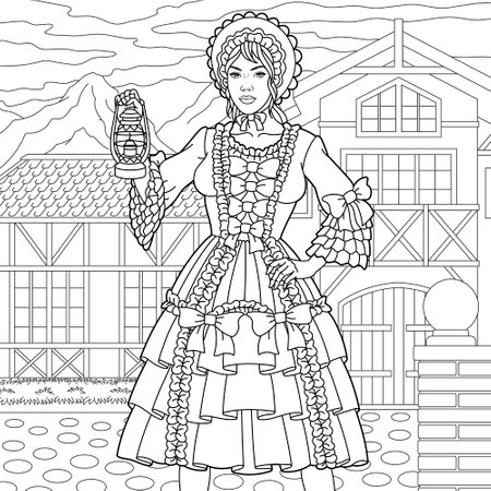 Beautiful woman in vintage dress holding lantern. Adult coloring book page in mandala styleのイラスト素材