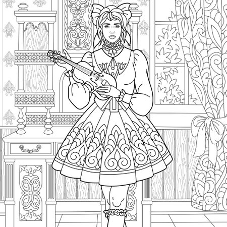 Lovely girl playing violin music. Adult coloring book page in mandala styleのイラスト素材