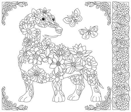 Floral dachshund. Adult coloring book page with fantasy animal and flower elementsのイラスト素材