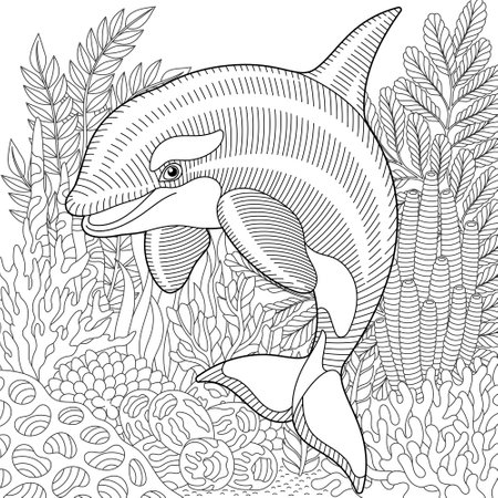 Underwater scene with a dolphin. Adult coloring book page with intricate mandala and elementsのイラスト素材