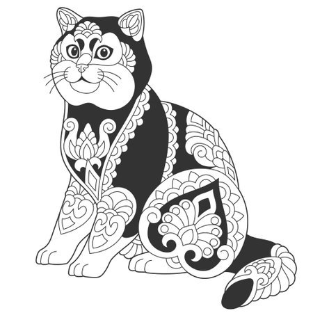 Cute British shorthair cat design. Animal coloring page with mandala and ornamentsのイラスト素材