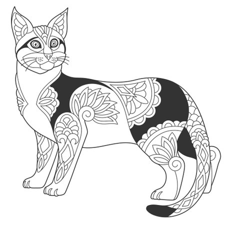 Cute Egyptian Mau cat design. Animal coloring page with mandala  ornamentsのイラスト素材