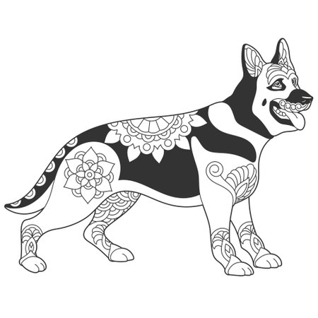 Cute german shepherd dog design. Animal coloring page with mandala  ornamentsのイラスト素材