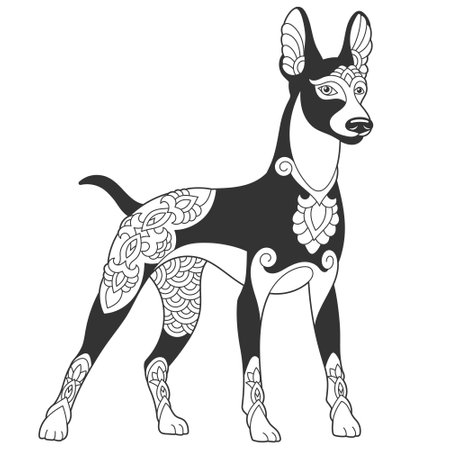 Cute doberman dog design. Animal coloring page with mandala  ornamentsのイラスト素材