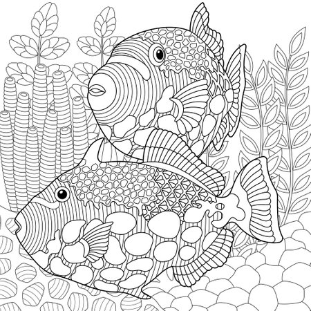 Underwater scene with a triggerfish. Adult coloring book page with intricate mandala and elementsのイラスト素材